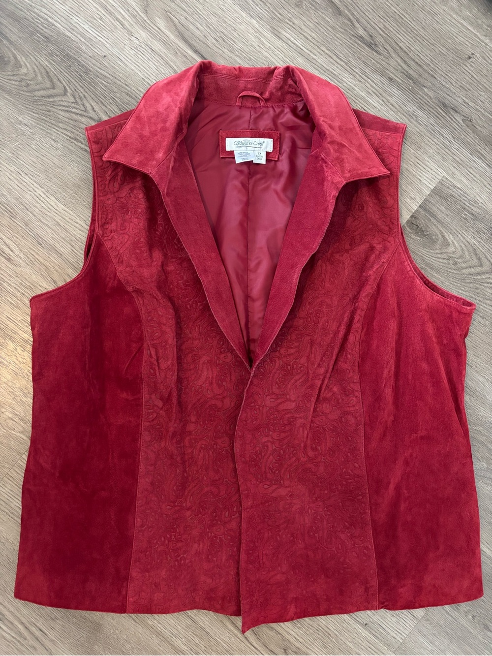 Coldwater Creek Tooled Red Genuine Suede Leather Sleeveless Open Vest